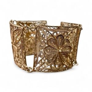 HEAVY large antique 900 silver four squares filigree gilt floral bracelet bold